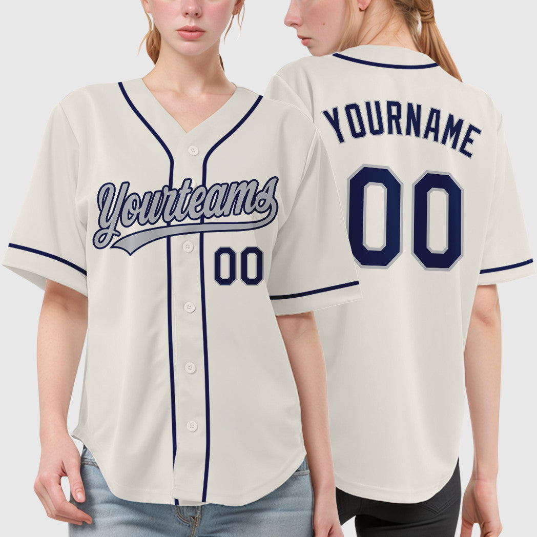 Custom Cream Gray Navy Sleeve Baseball Jersey