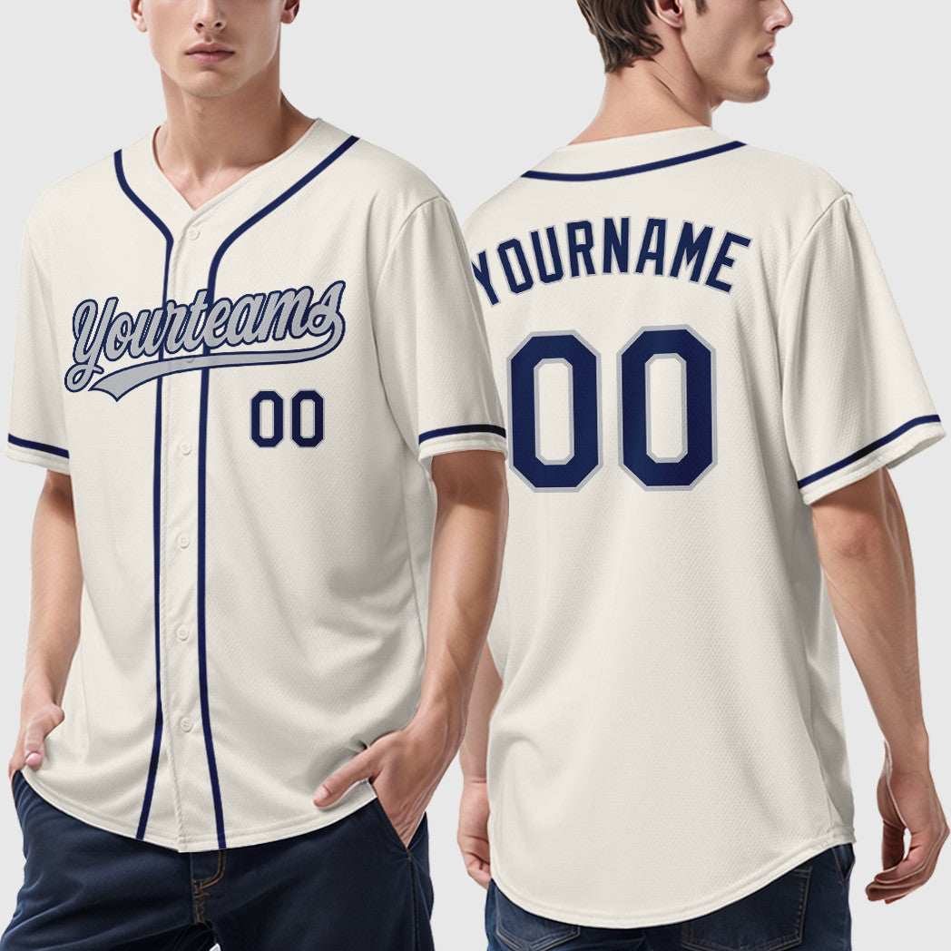Custom Cream Gray Navy Sleeve Baseball Jersey