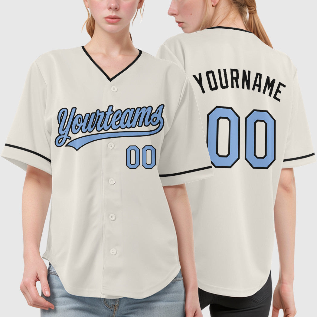 Custom Cream Light Blue Black Collar Sleeve Baseball Jersey
