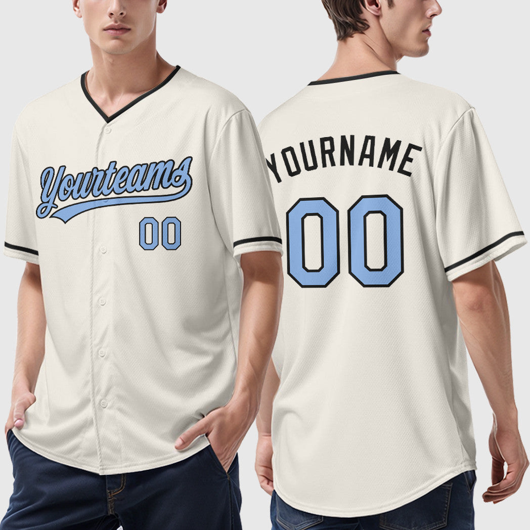 Custom Cream Light Blue Black Collar Sleeve Baseball Jersey