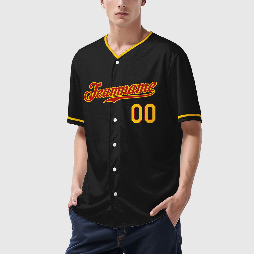 Custom Black Red Red-Yellow Collar Sleeve Baseball Jersey