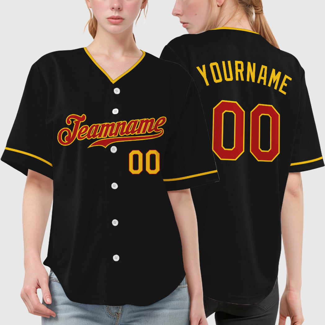 Custom Black Red Red-Yellow Collar Sleeve Baseball Jersey