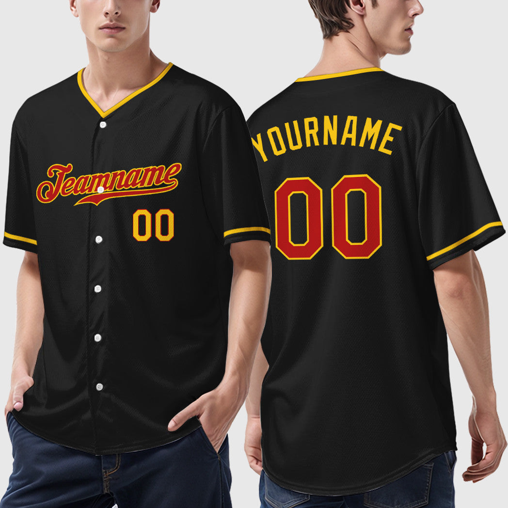 Custom Black Red Red-Yellow Collar Sleeve Baseball Jersey