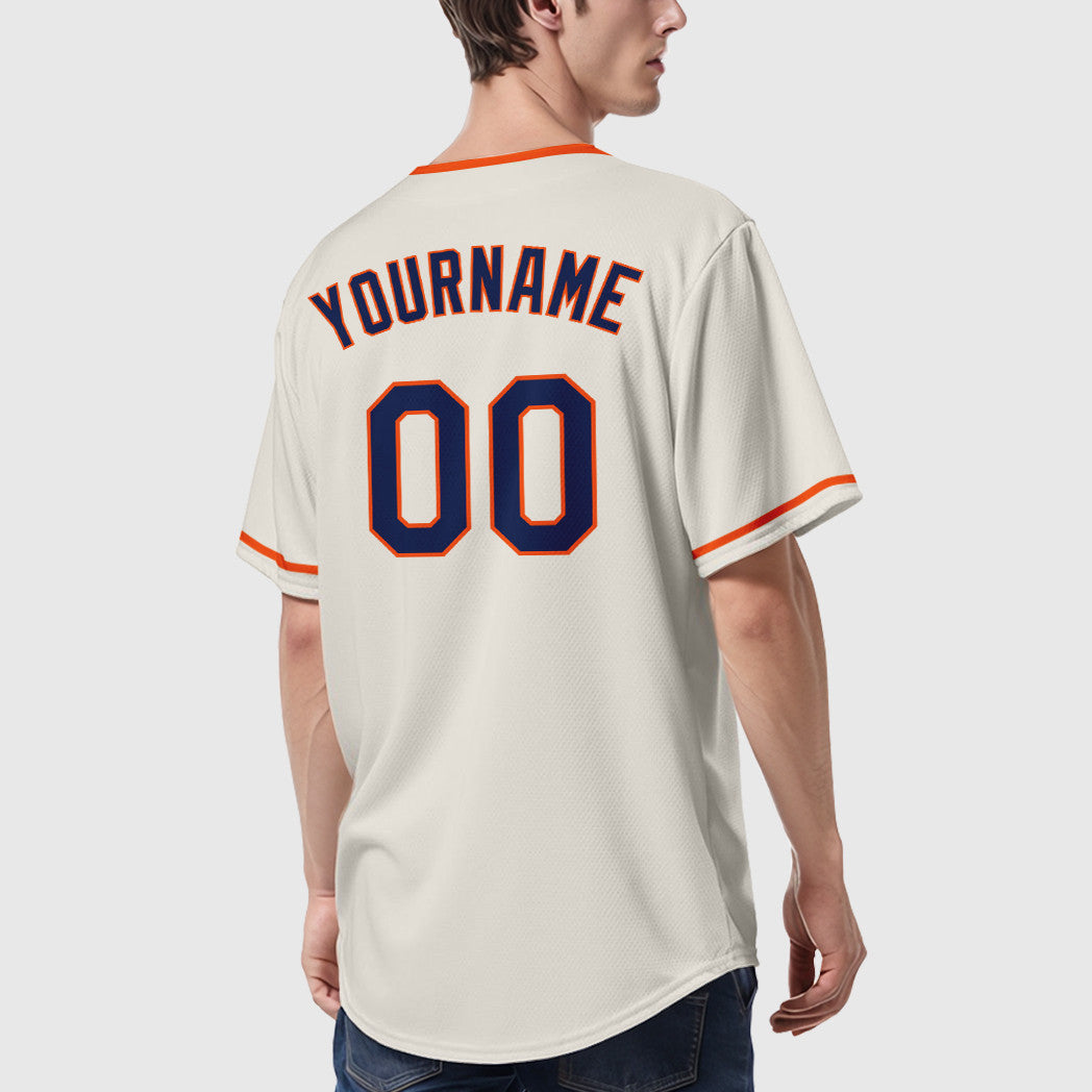 Custom Cream Navy Orange Collar Sleeve Baseball Jersey
