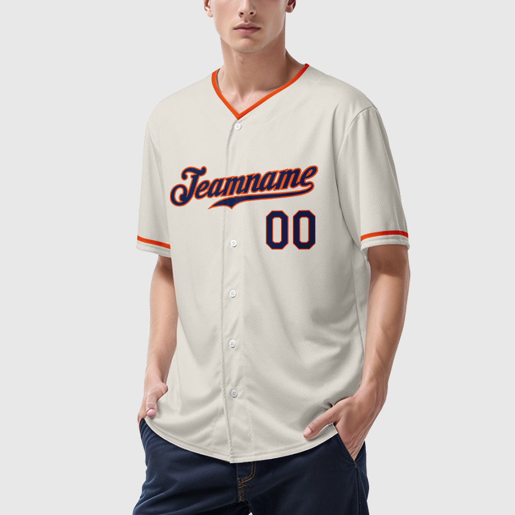 Custom Cream Navy Orange Collar Sleeve Baseball Jersey
