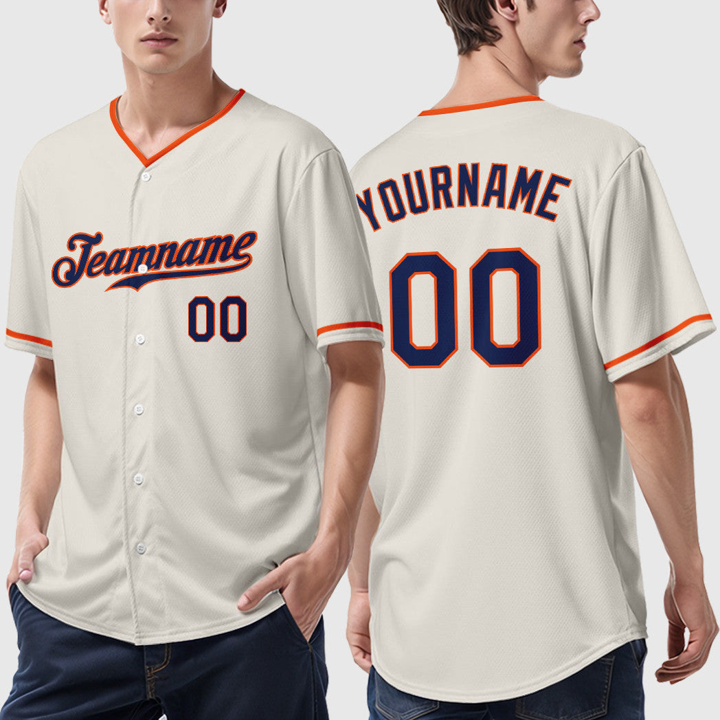 Custom Cream Navy Orange Collar Sleeve Baseball Jersey