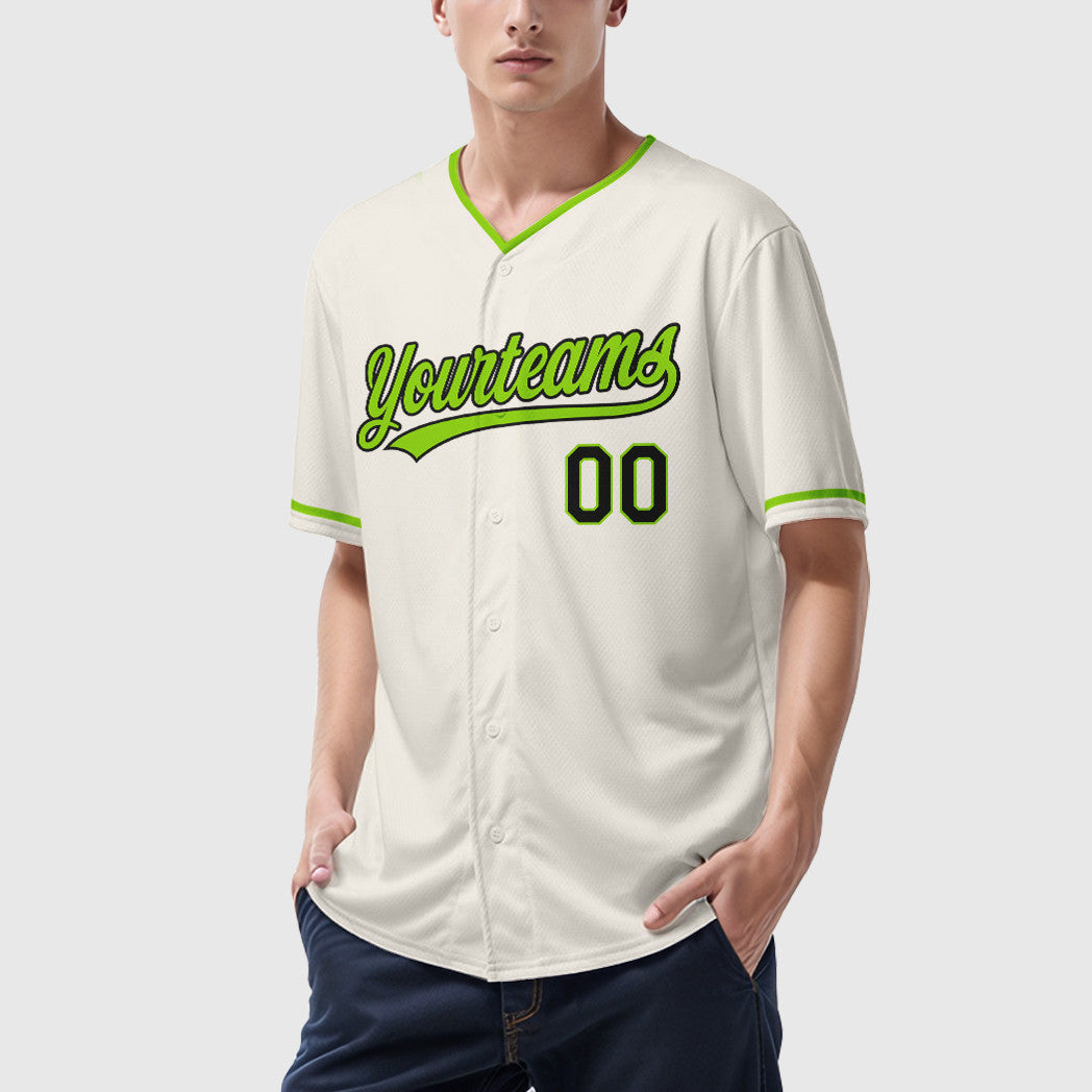 Custom Cream Black Neon Green Collar Sleeve Baseball Jersey