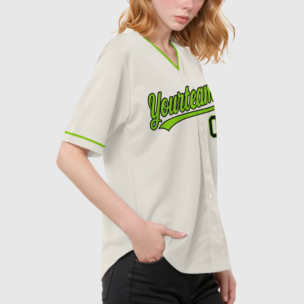 Custom Cream Black Neon Green Collar Sleeve Baseball Jersey