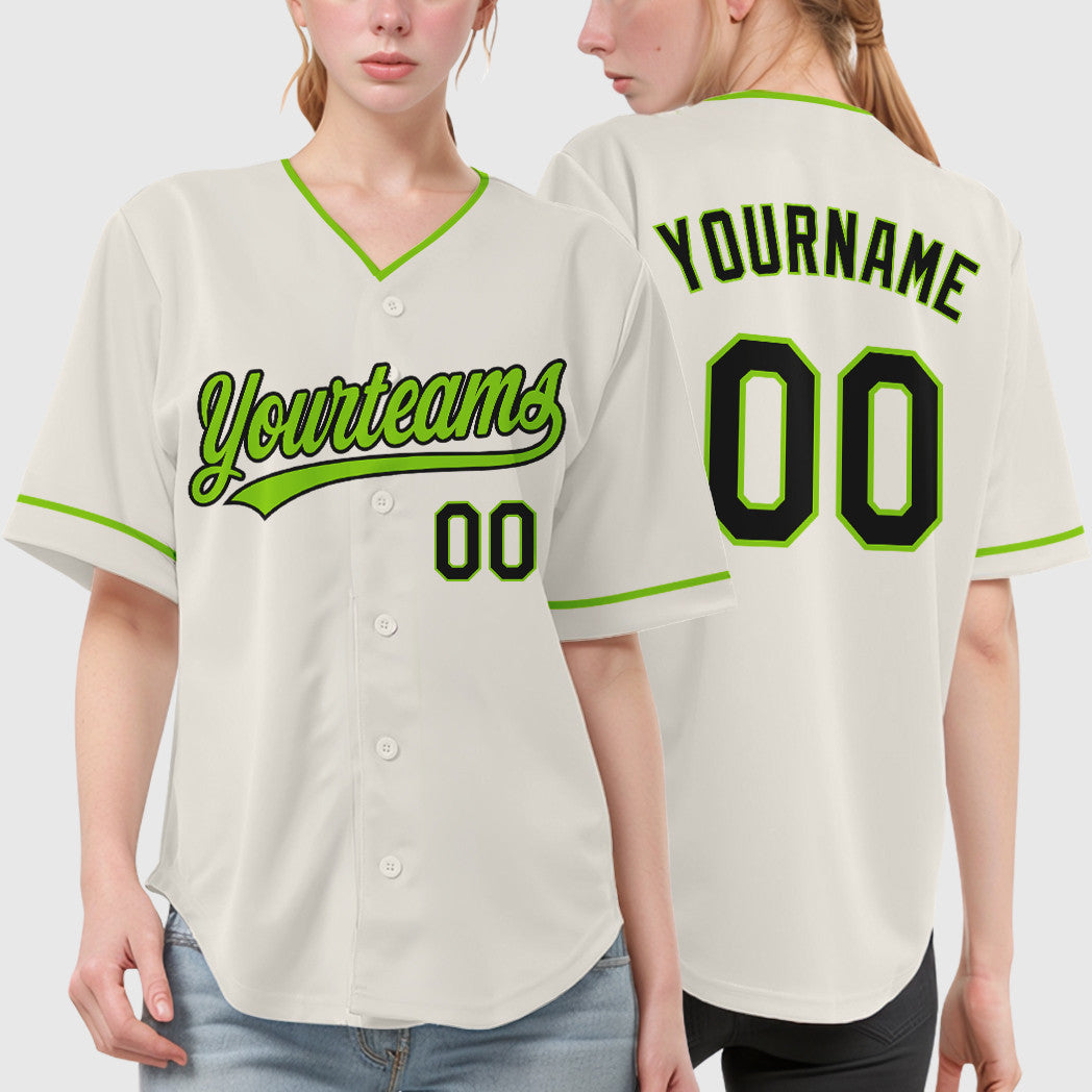 Custom Cream Black Neon Green Collar Sleeve Baseball Jersey