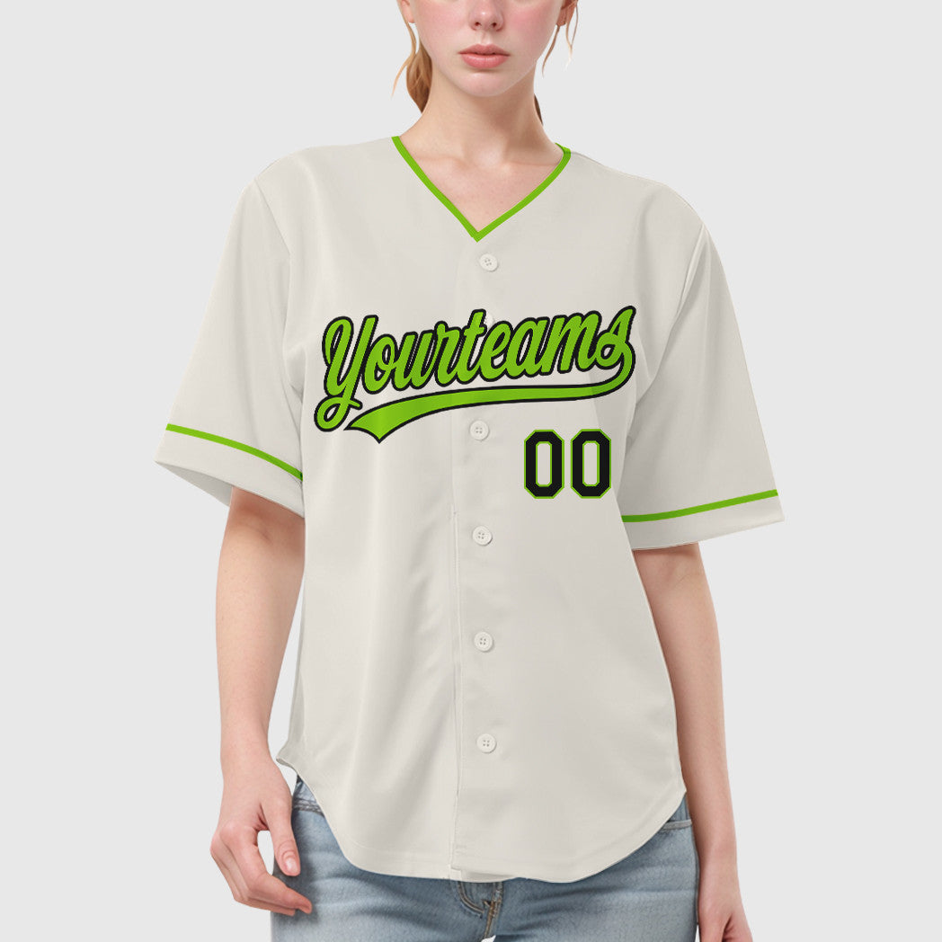 Custom Cream Black Neon Green Collar Sleeve Baseball Jersey