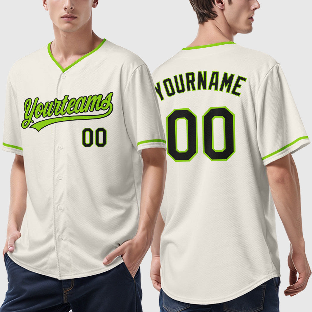 Custom Cream Black Neon Green Collar Sleeve Baseball Jersey