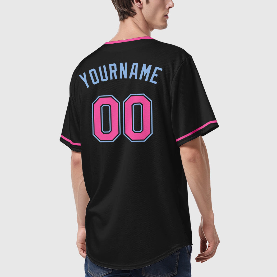 Custom Black Light Blue Pink Collar Sleeve Baseball Jersey