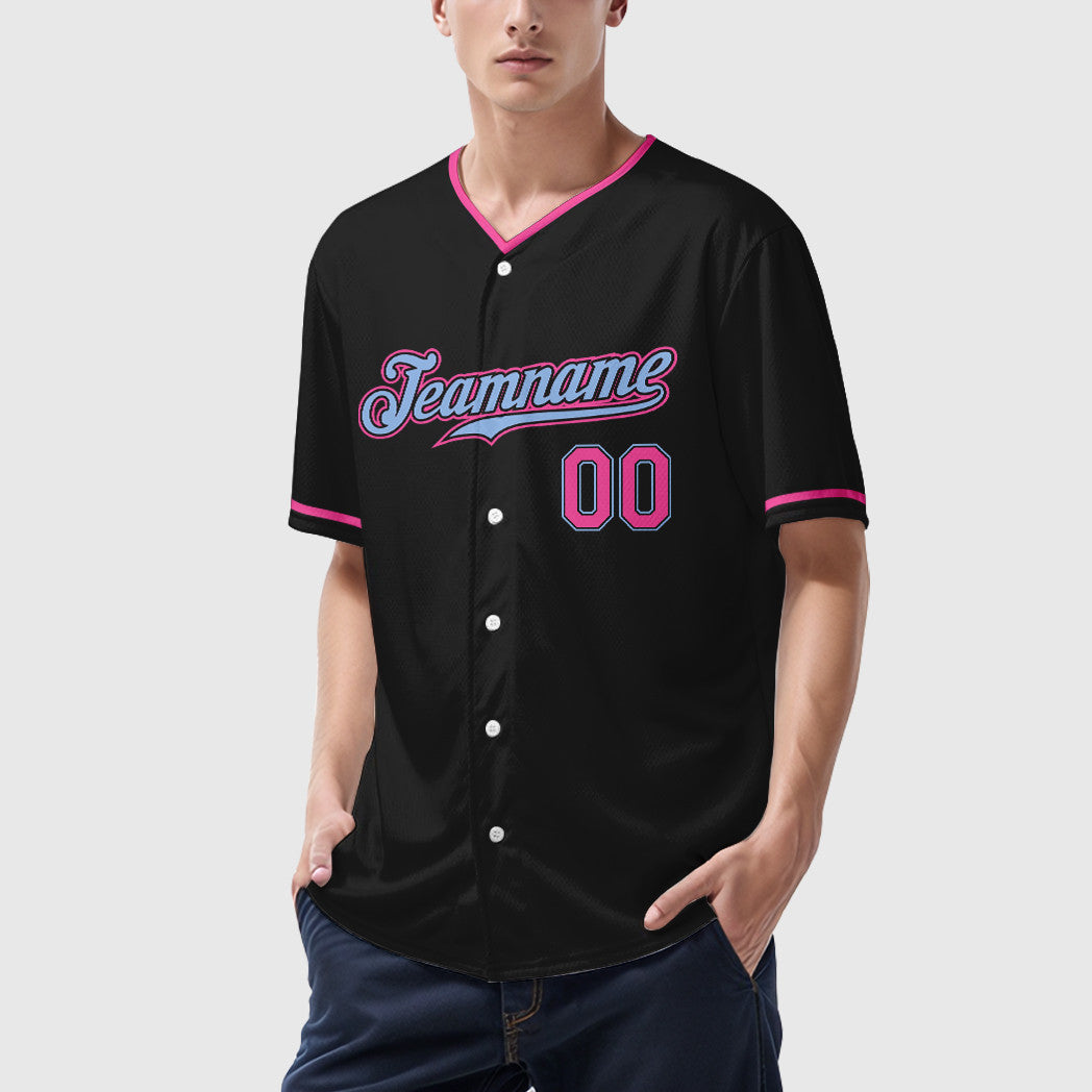 Custom Black Light Blue Pink Collar Sleeve Baseball Jersey