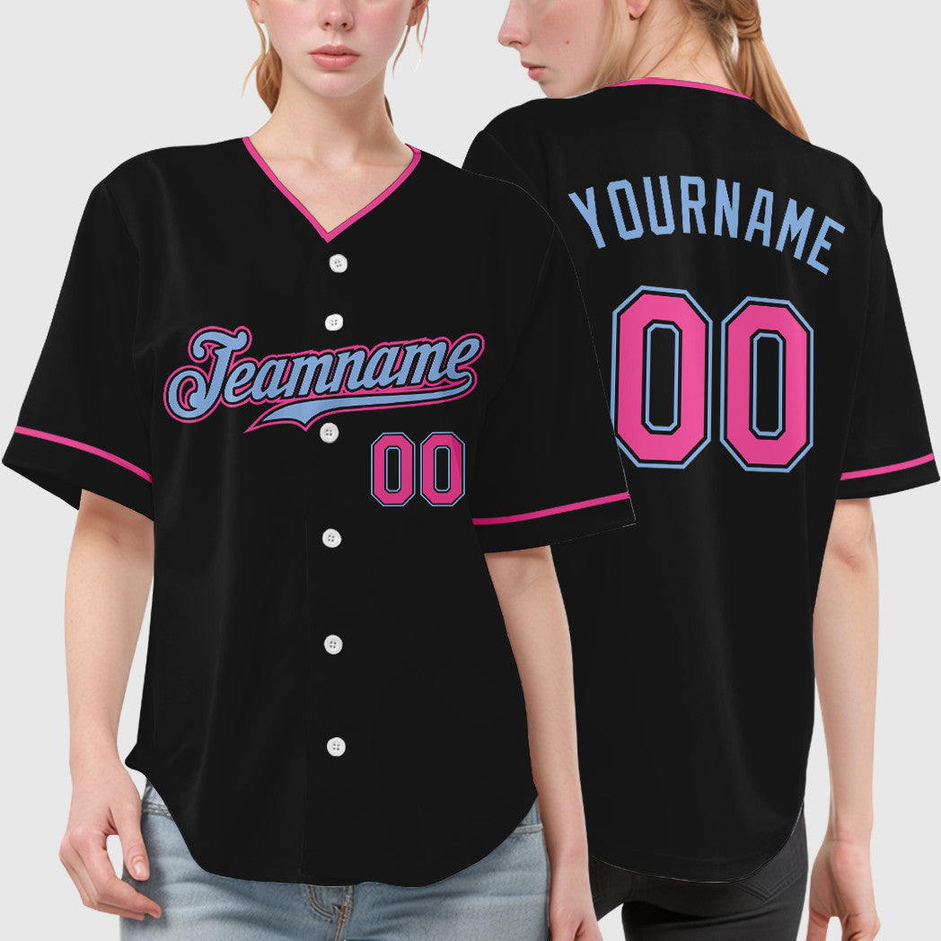 Custom Black Light Blue Pink Collar Sleeve Baseball Jersey