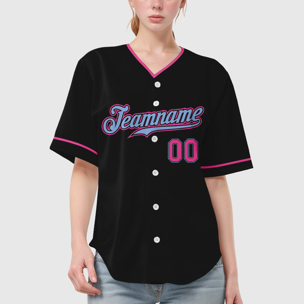 Custom Black Light Blue Pink Collar Sleeve Baseball Jersey