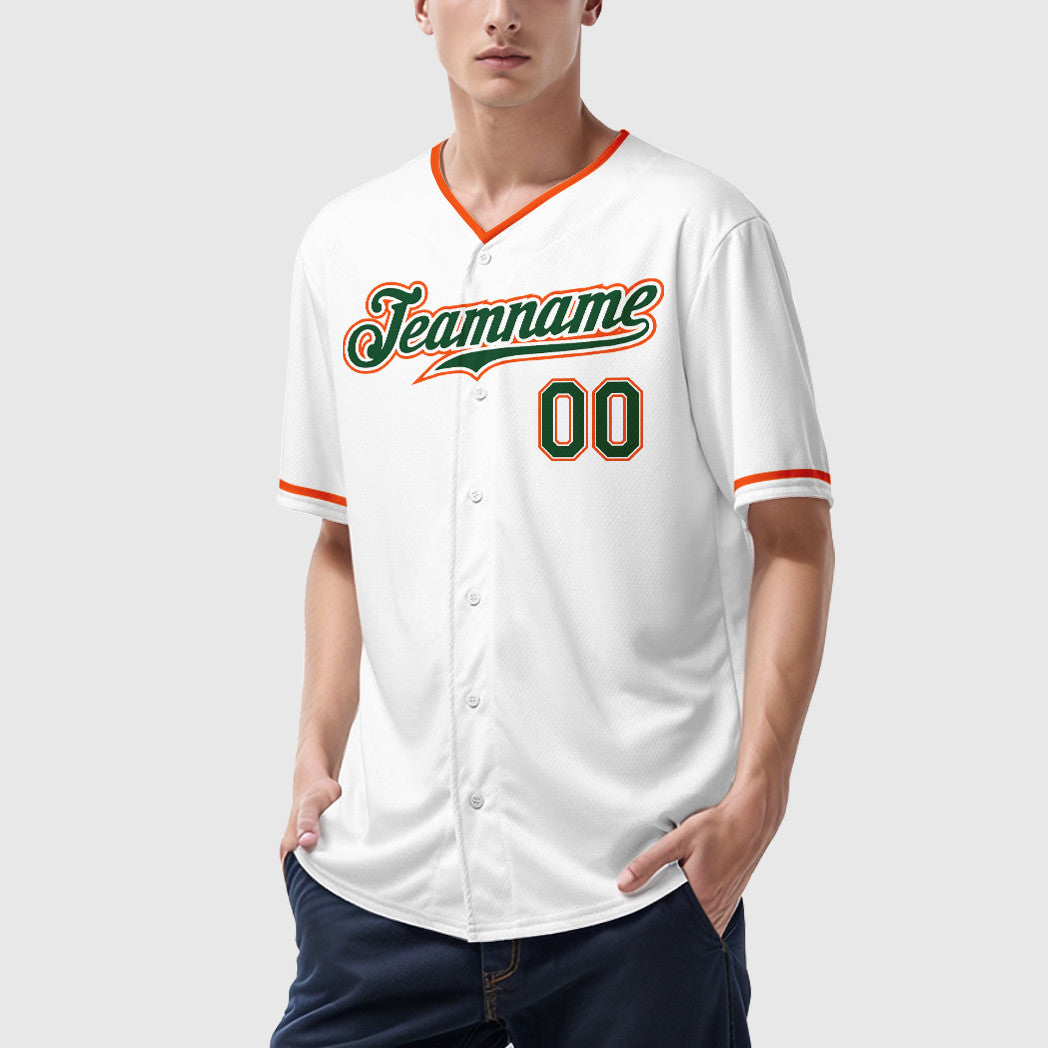 Custom White Green Green-Orange Collar Sleeve Baseball Jersey