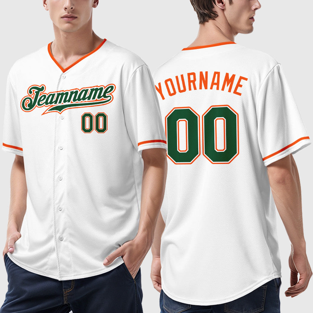 Custom White Green Green-Orange Collar Sleeve Baseball Jersey