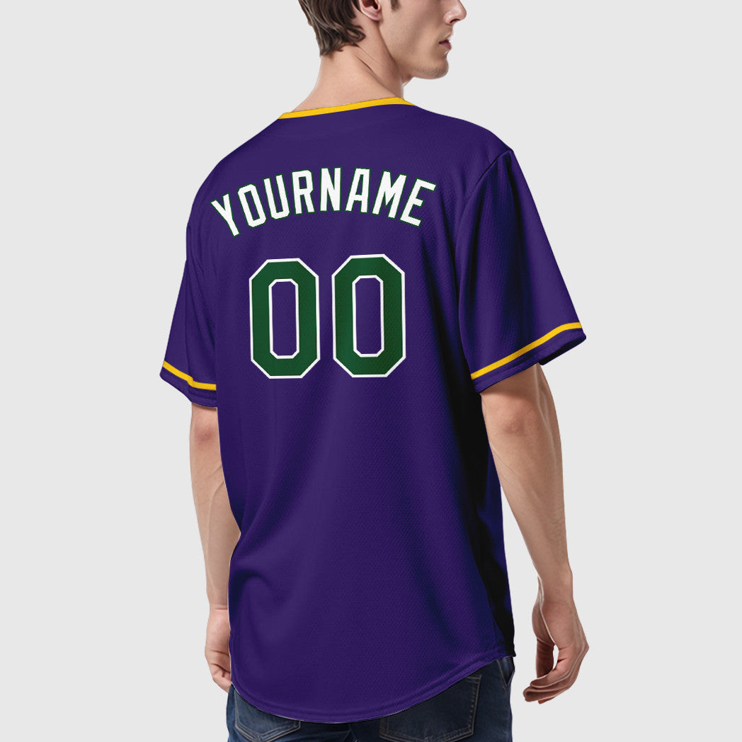 Custom Purple White Green Collar Sleeve Baseball Jersey