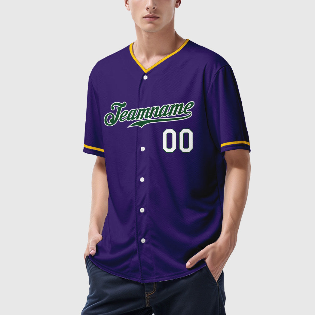 Custom Purple White Green Collar Sleeve Baseball Jersey