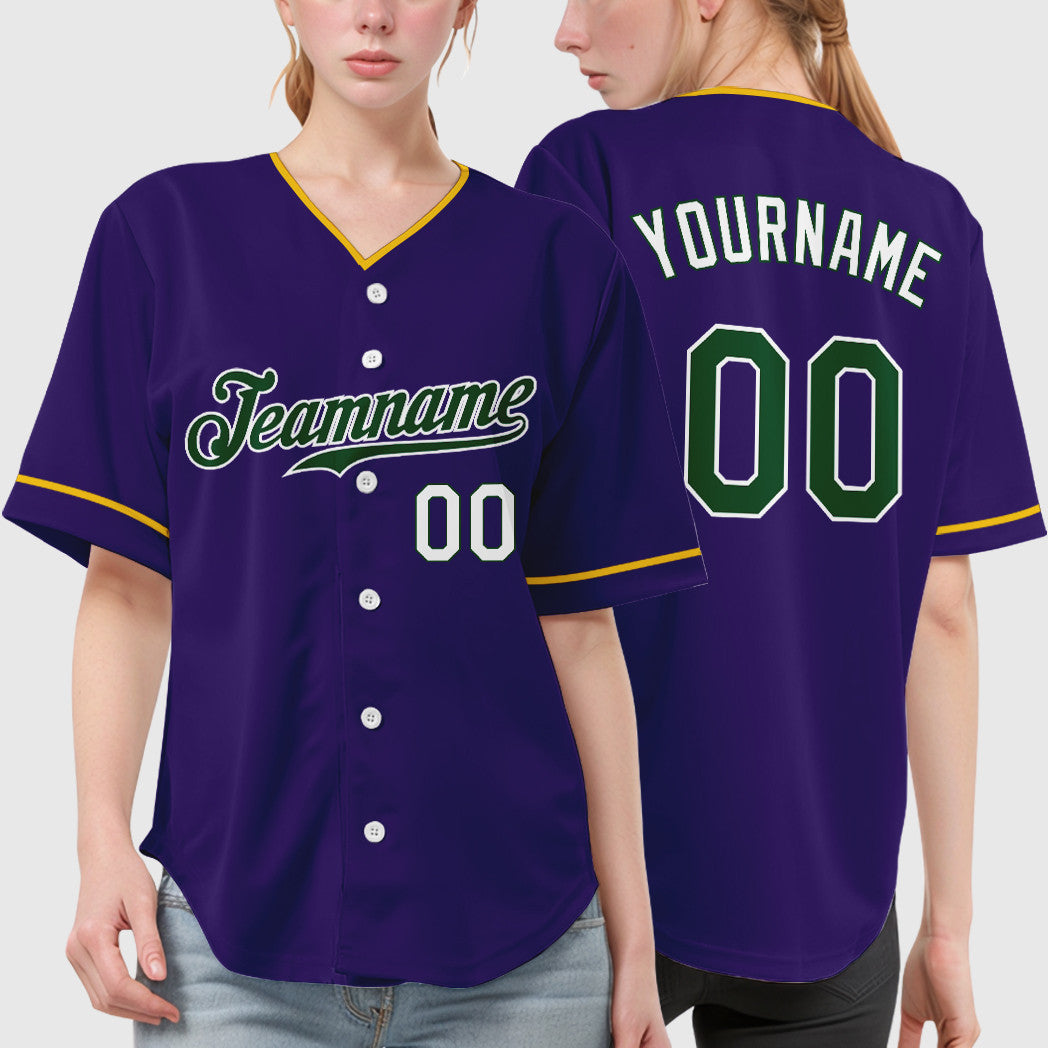 Custom Purple White Green Collar Sleeve Baseball Jersey
