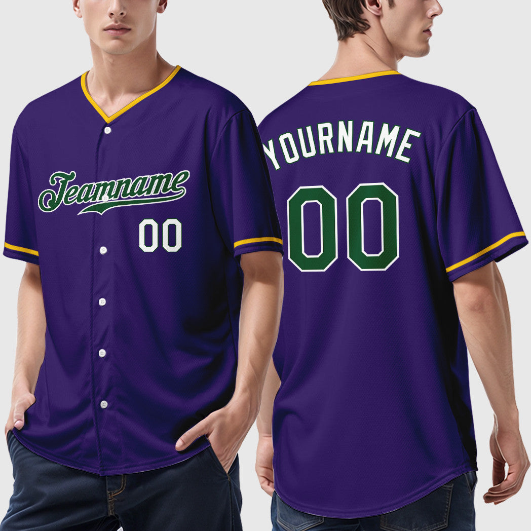 Custom Purple White Green Collar Sleeve Baseball Jersey