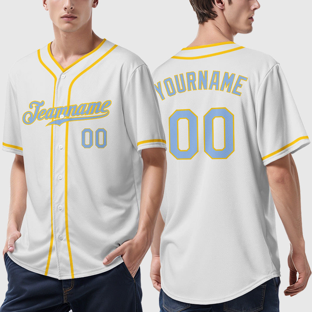 Custom White Light Blue Light Blue-Yellow Piping Baseball Jersey