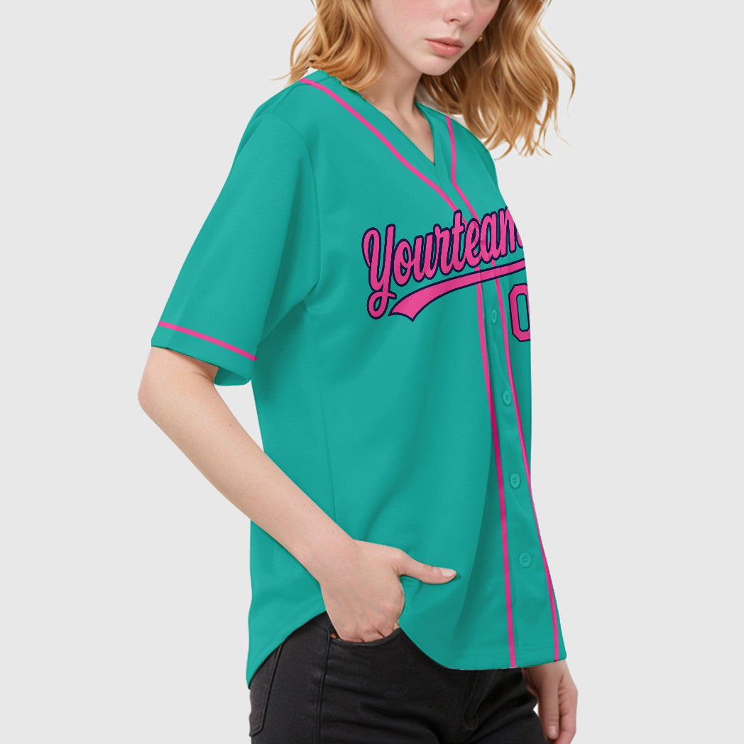 Custom Aqua White Pink-Navy Sleeve Baseball Jersey