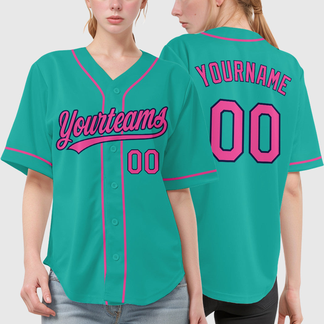 Custom Aqua White Pink-Navy Sleeve Baseball Jersey