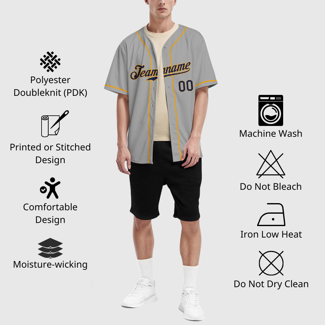 Custom Gray Navy Navy-Gold Sleeve Baseball Jersey