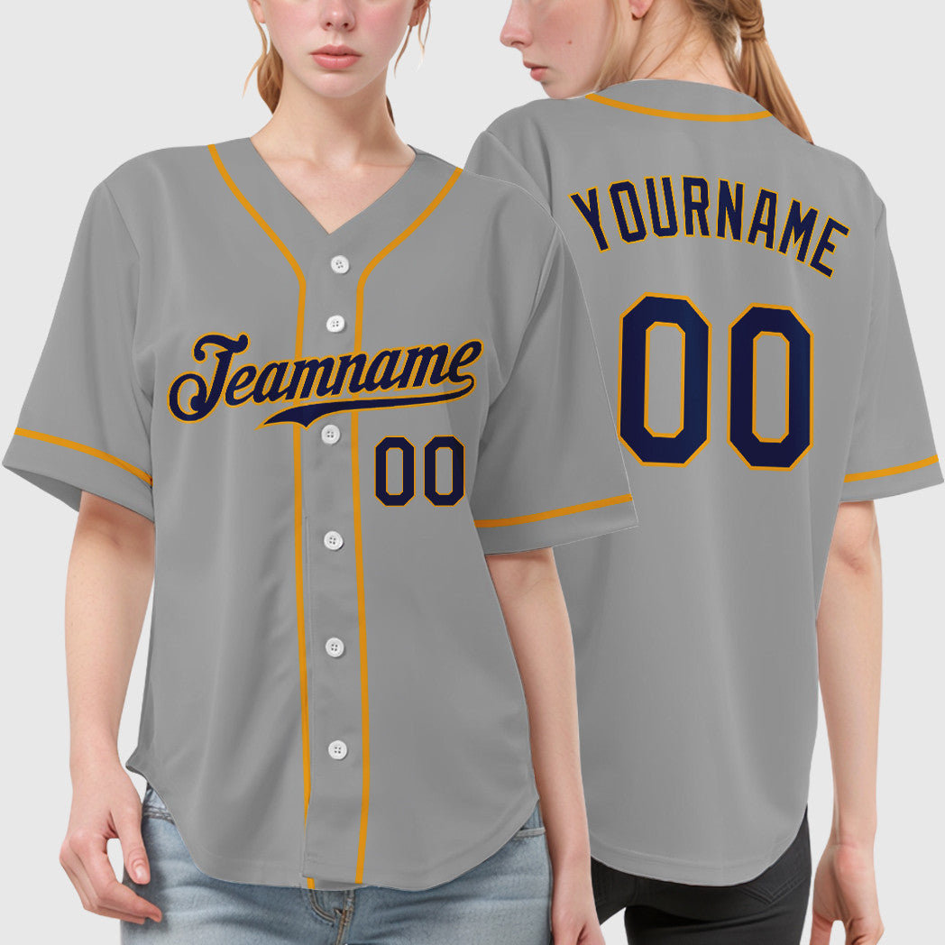 Custom Gray Navy Navy-Gold Sleeve Baseball Jersey