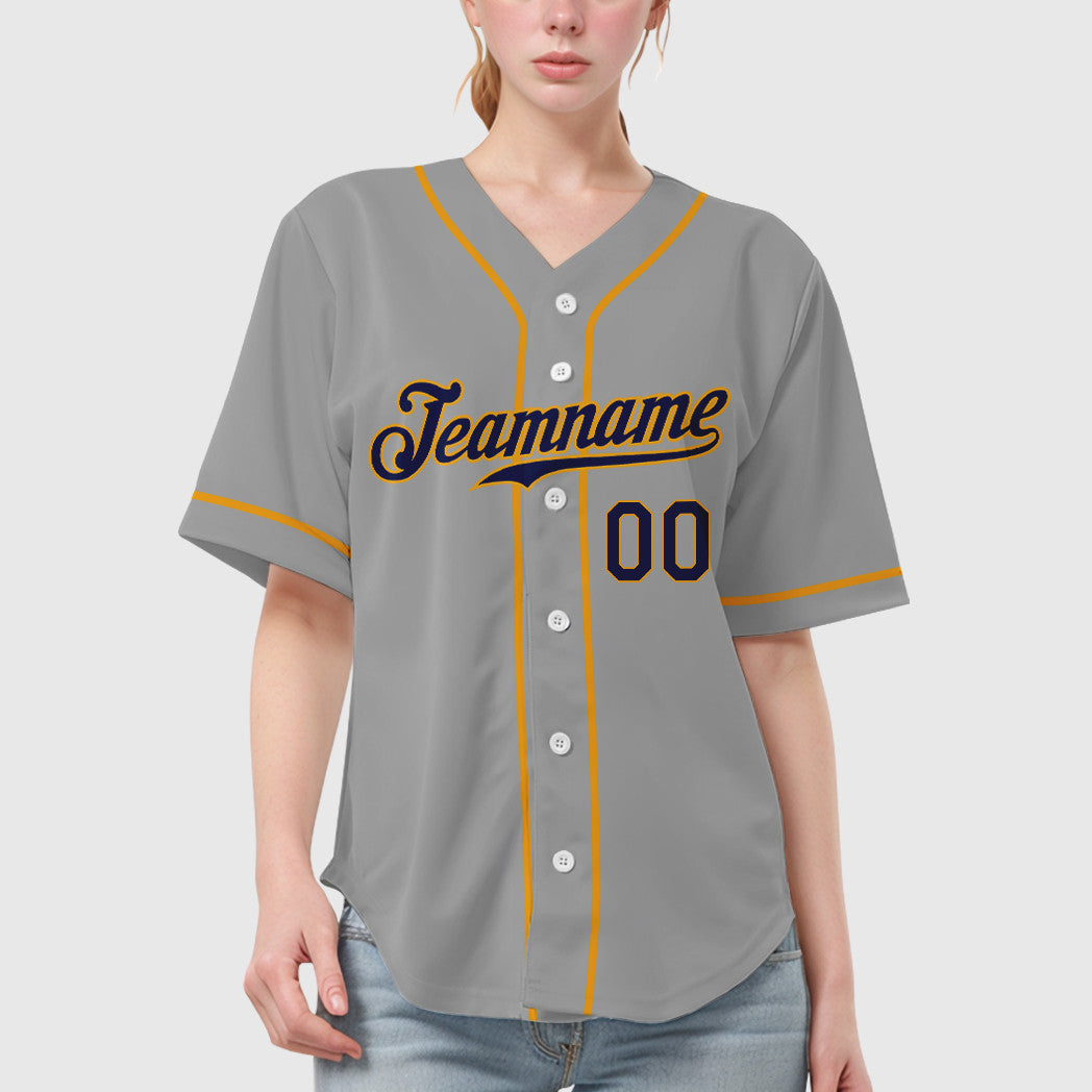 Custom Gray Navy Navy-Gold Sleeve Baseball Jersey