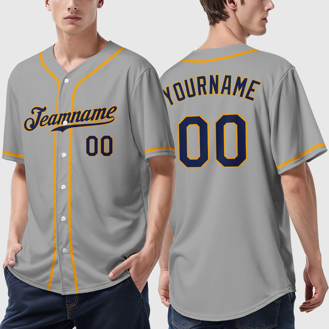 Custom Gray Navy Navy-Gold Sleeve Baseball Jersey