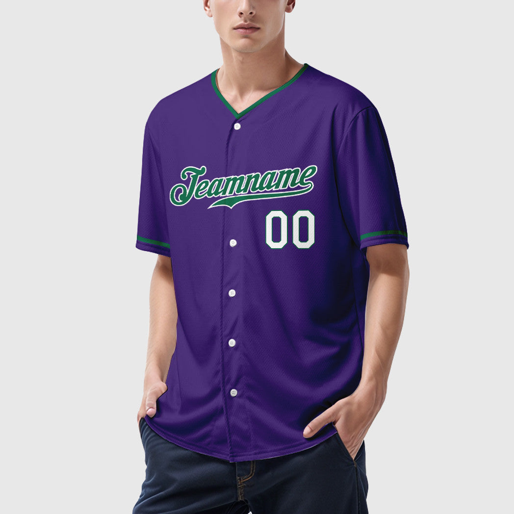 Custom Purple White Kelly Green-White Collar Sleeve Baseball Jersey