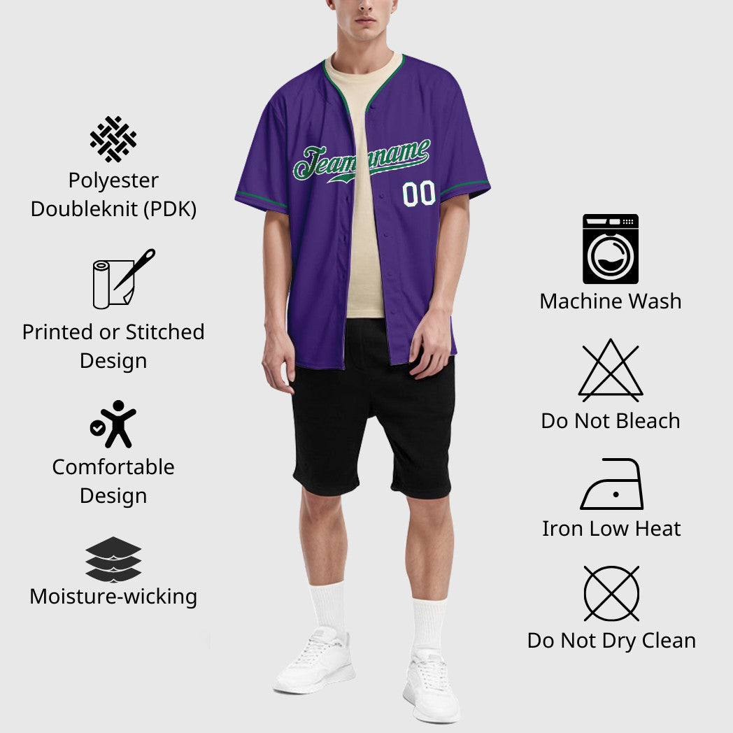 Custom Purple White Kelly Green-White Collar Sleeve Baseball Jersey