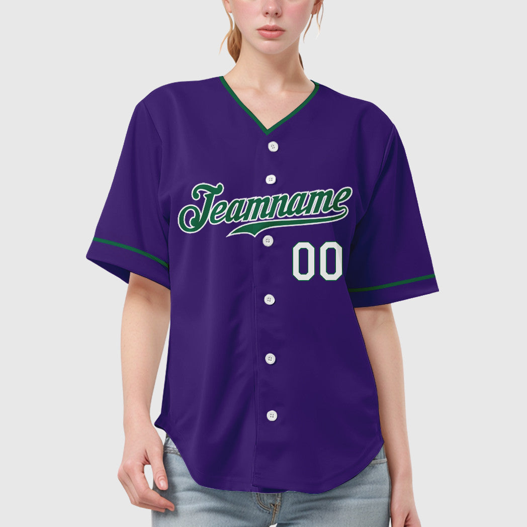 Custom Purple White Kelly Green-White Collar Sleeve Baseball Jersey