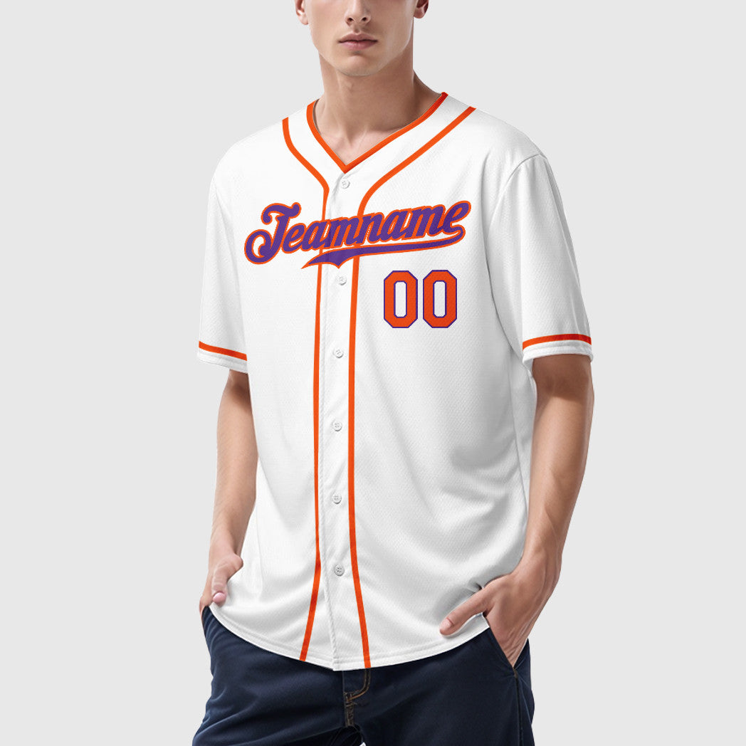 Custom White Purple Orange Piping Baseball Jersey