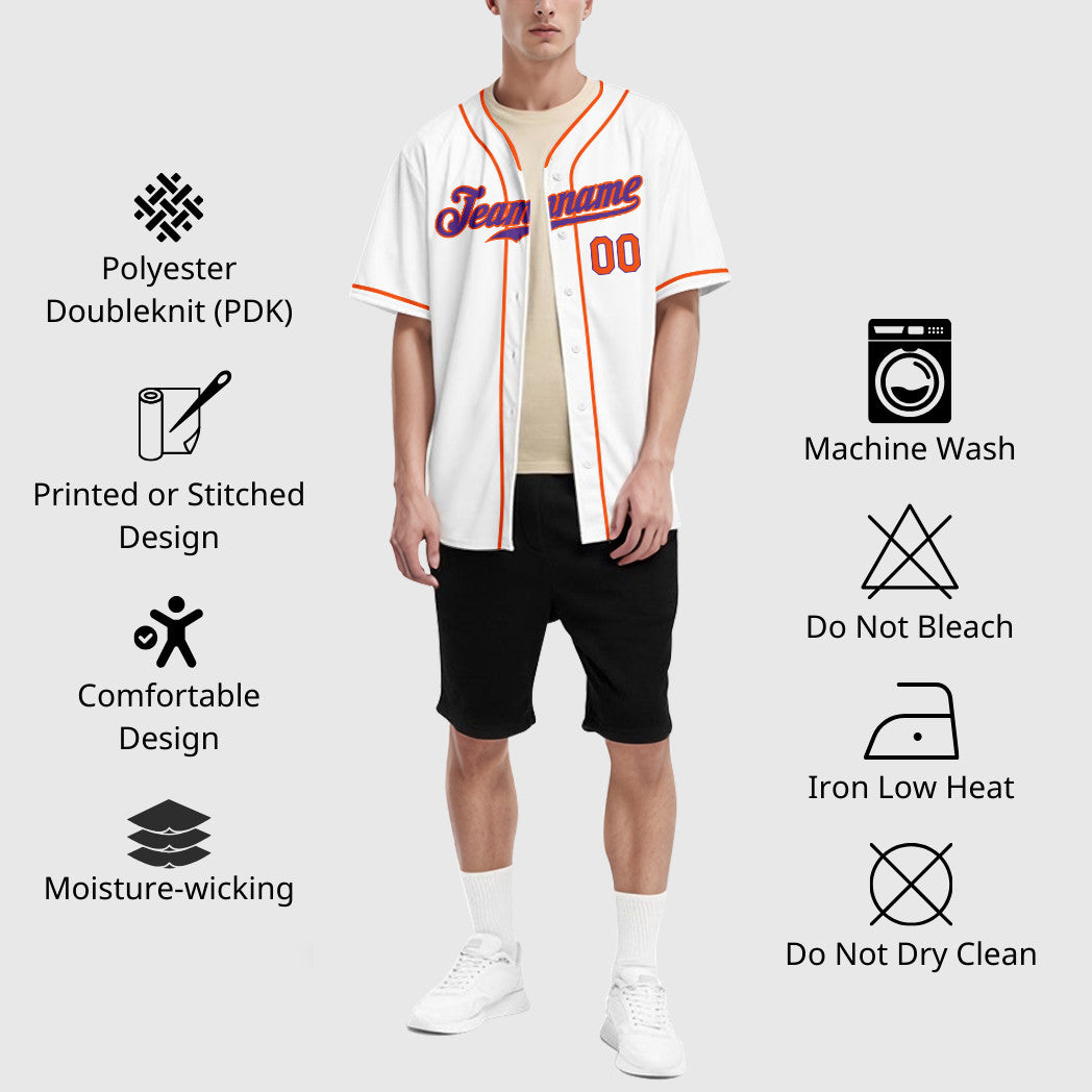 Custom White Purple Orange Piping Baseball Jersey
