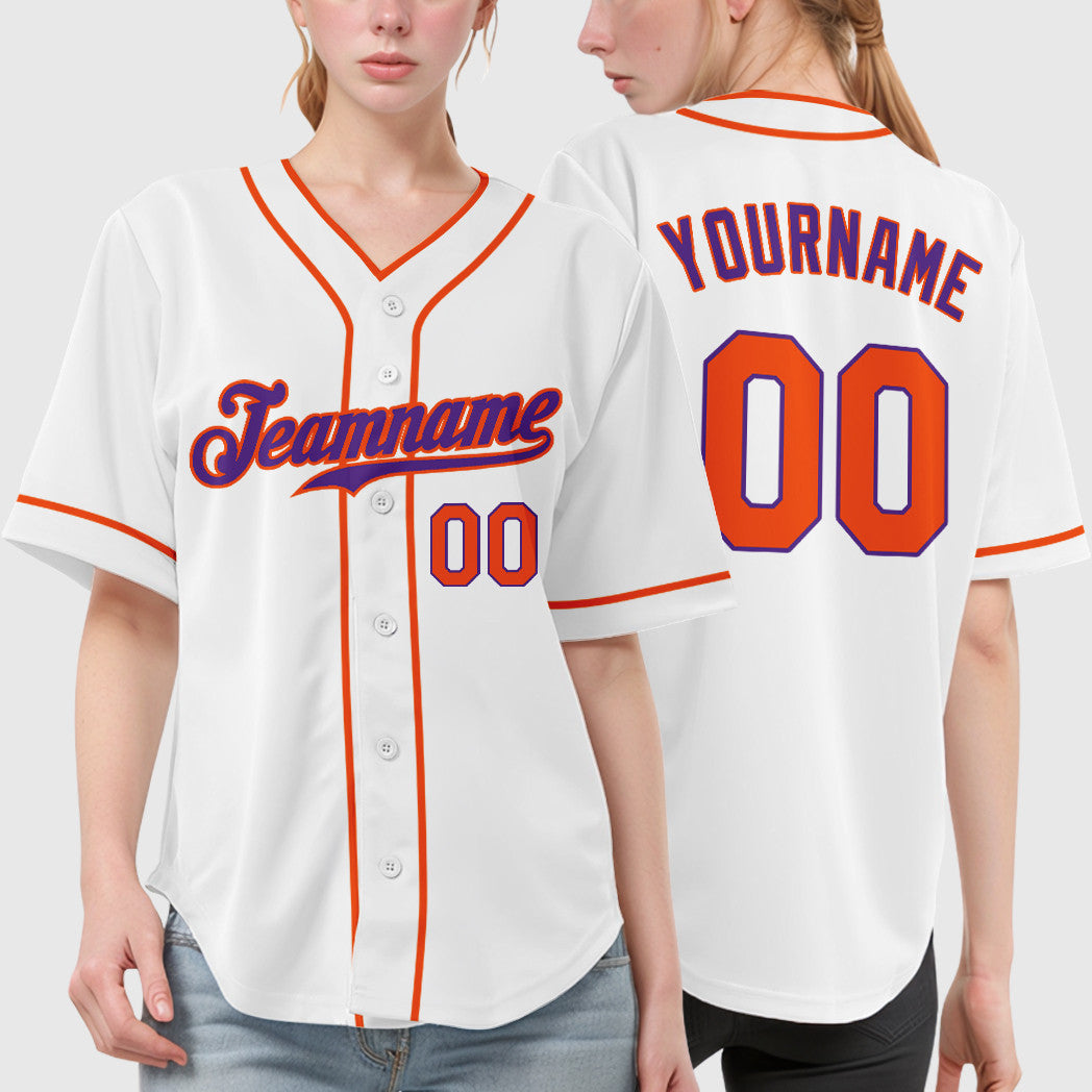 Custom White Purple Orange Piping Baseball Jersey