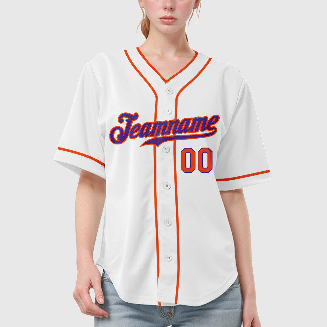Custom White Purple Orange Piping Baseball Jersey