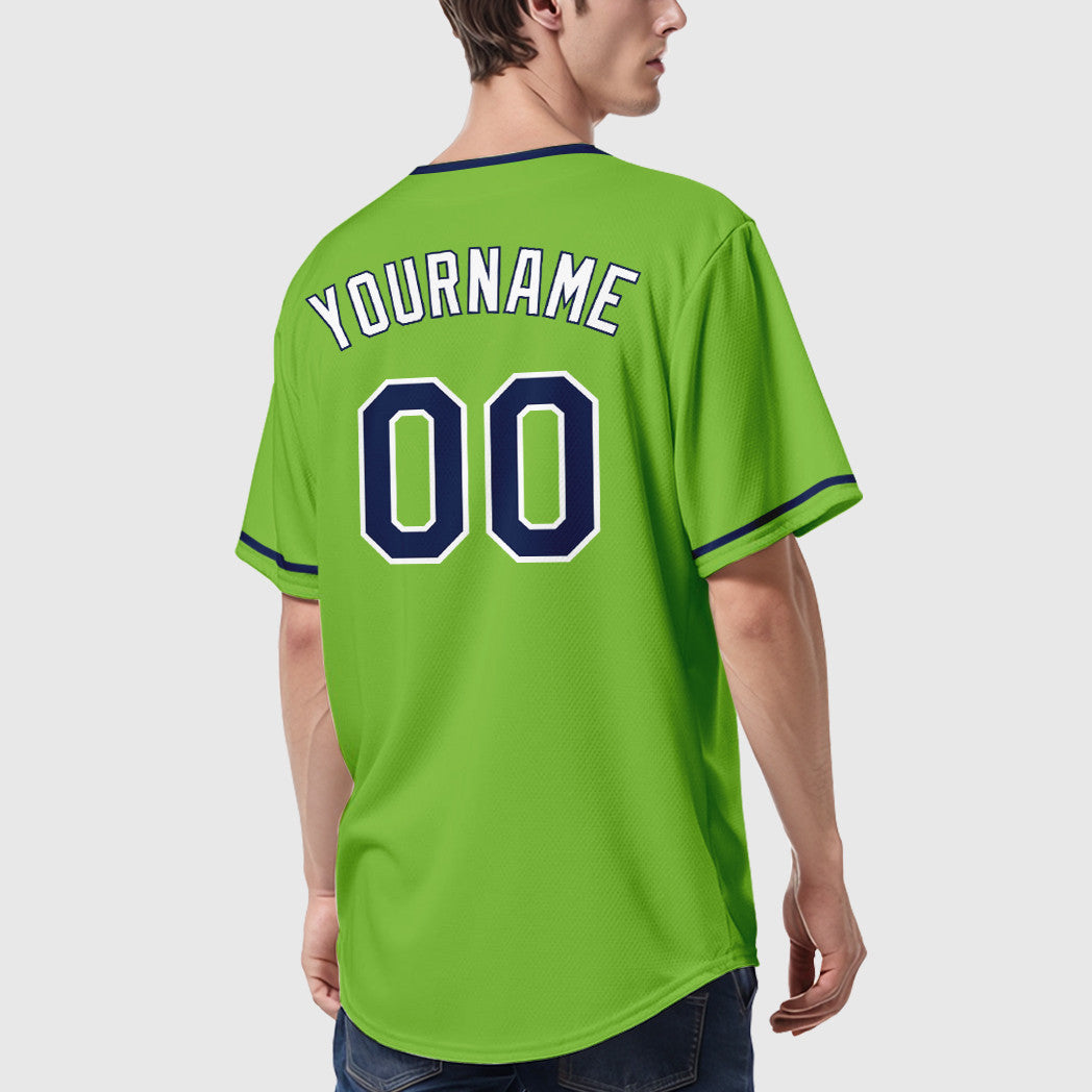 Custom Neon Green Navy Navy-White Collar Sleeve Baseball Jersey