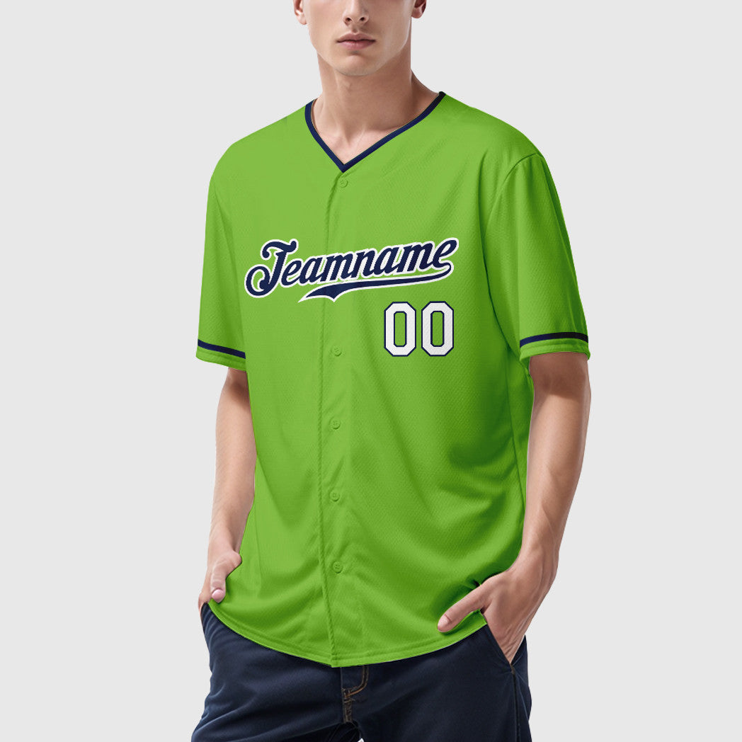 Custom Neon Green Navy Navy-White Collar Sleeve Baseball Jersey