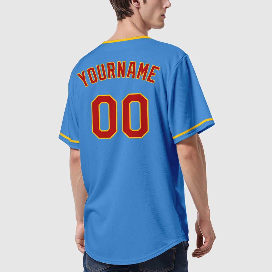 Custom Powder Blue Red Red-Gold Collar Sleeve Baseball Jersey