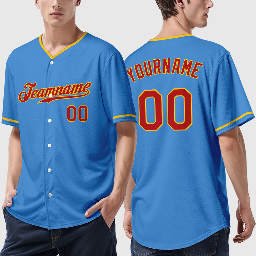 Custom Powder Blue Red Red-Gold Collar Sleeve Baseball Jersey