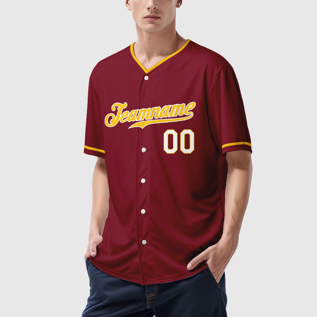 Custom Crimson White Gold-White Collar Sleeve Baseball Jersey