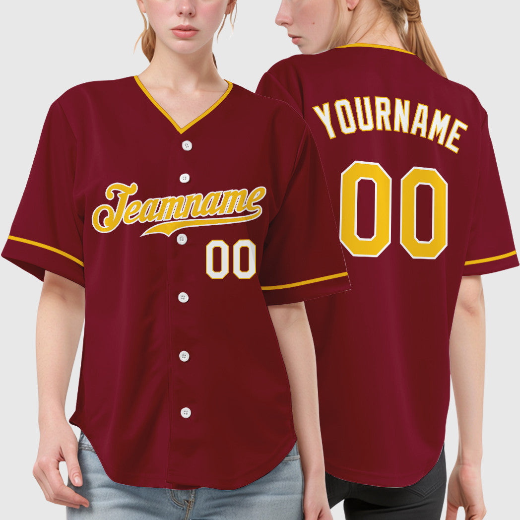Custom Crimson White Gold-White Collar Sleeve Baseball Jersey