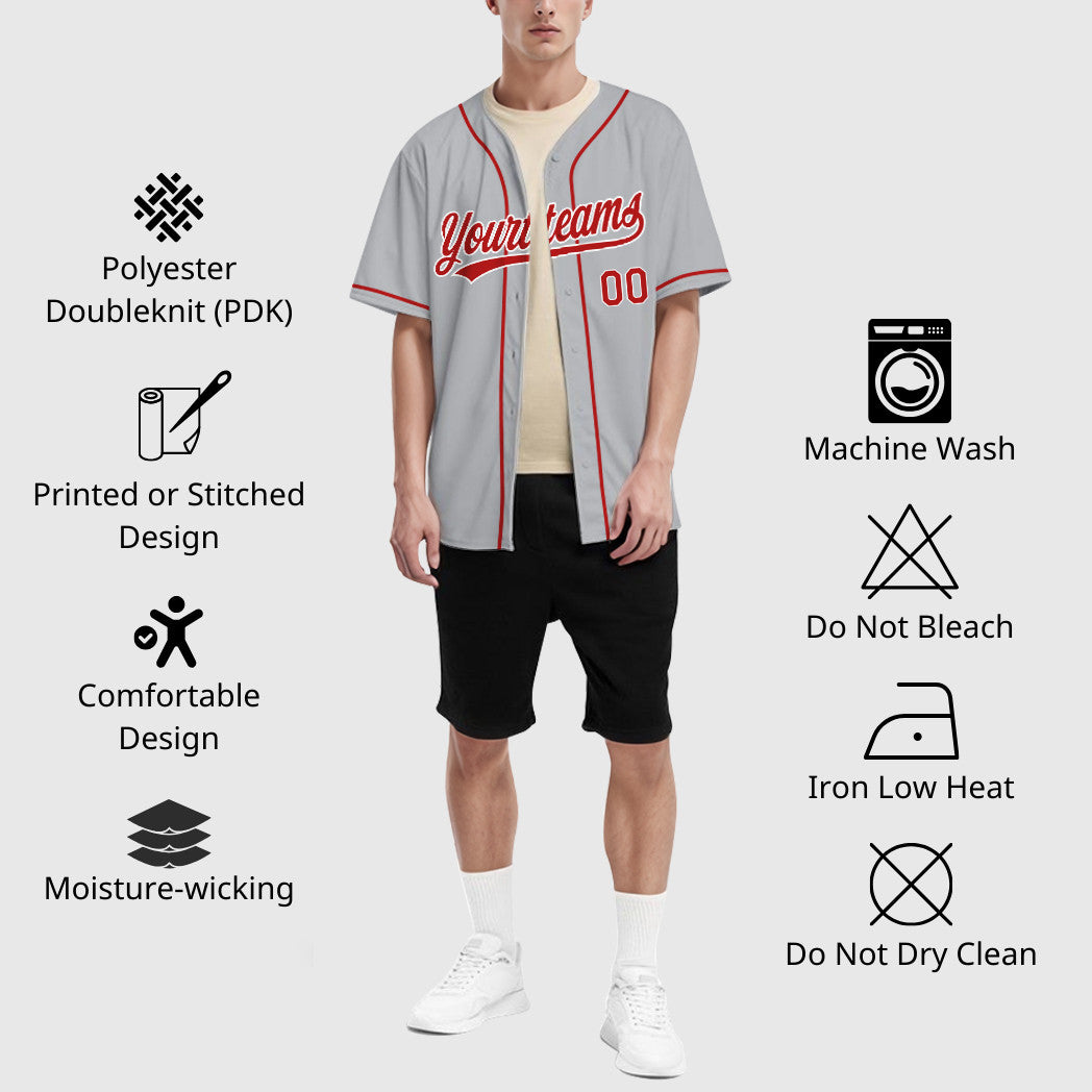 Custom Gray White Red Sleeve Baseball Jersey