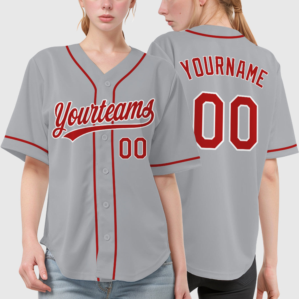 Custom Gray White Red Sleeve Baseball Jersey