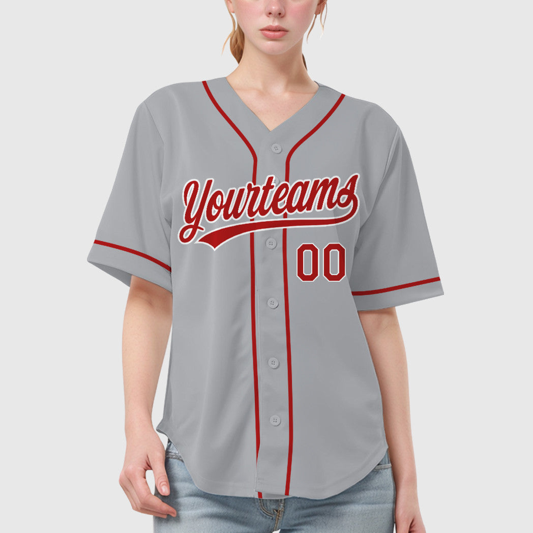 Custom Gray White Red Sleeve Baseball Jersey