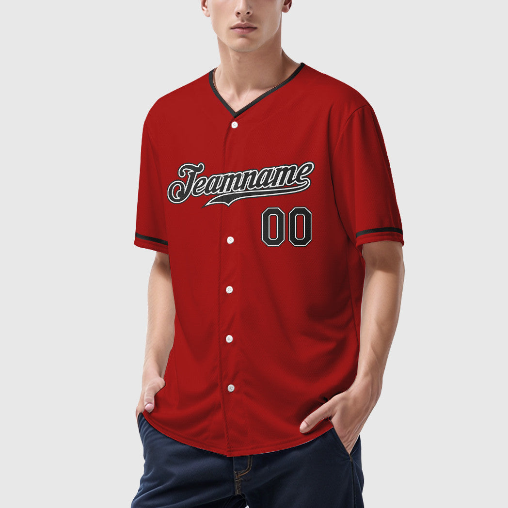 Custom Red Black Black-White Collar Sleeve Baseball Jersey