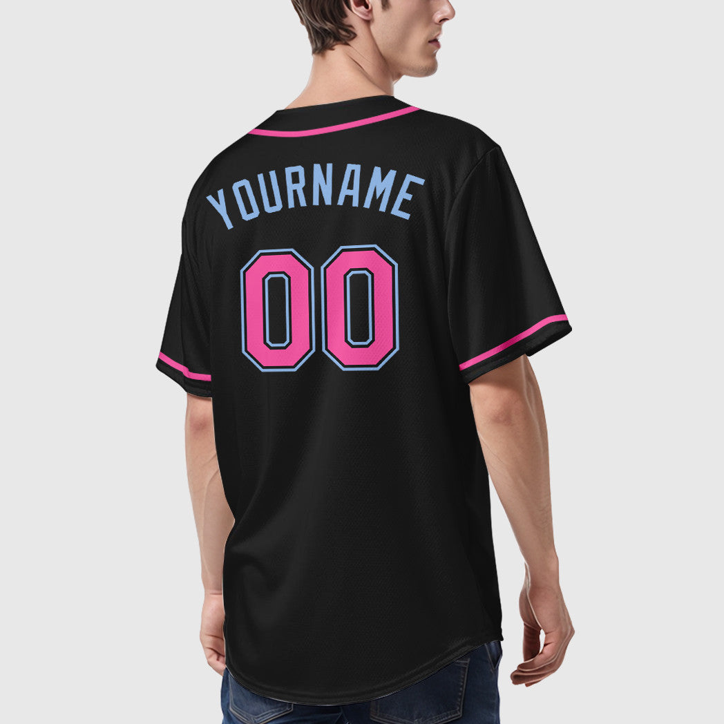 Custom Black Light Blue Pink Sleeve Baseball Jersey